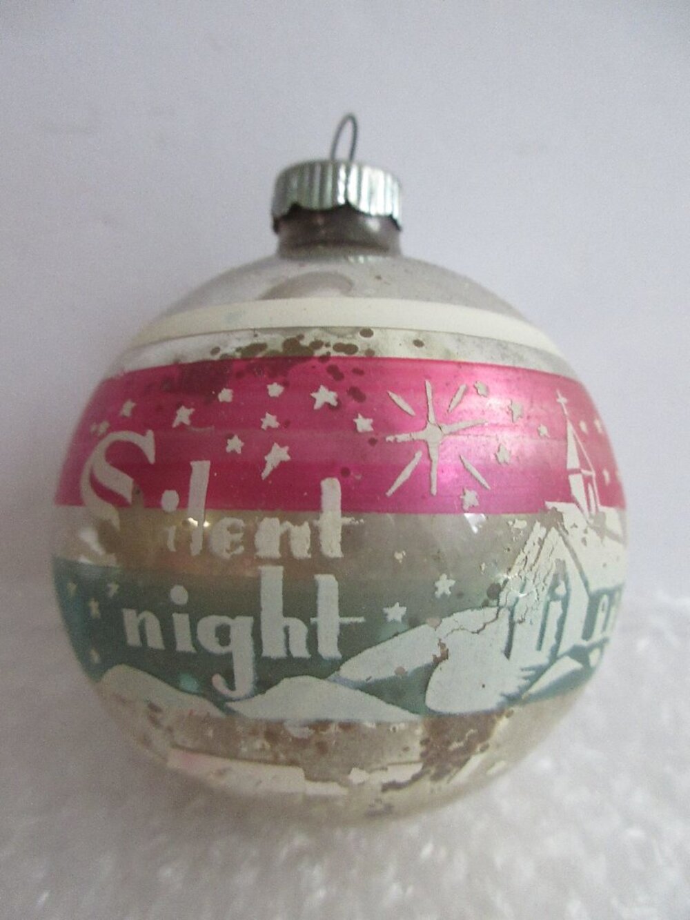 Shiny Brite Stencil Silent Night Pink Blue Striped Glass Christmas Ornament Vtg